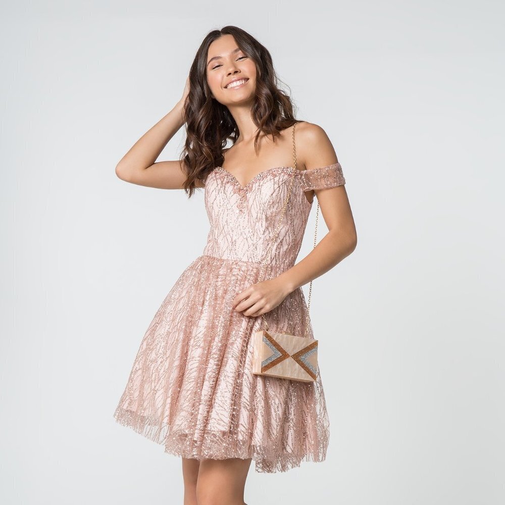 NEW SHORT OFF SHOULDER BABYDOLL SLEEVELESS MESH GOWN WITH ZIPPER BACK GL GS2834